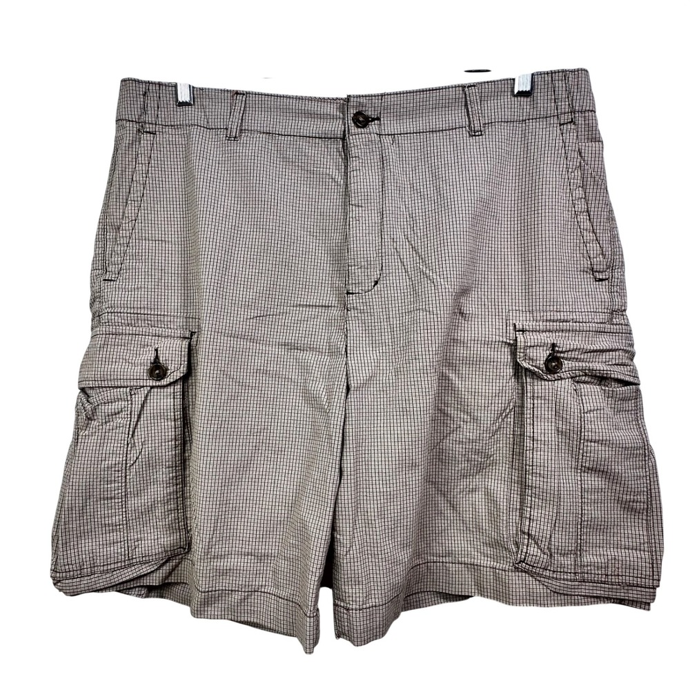 Club Room Mens 38 Cargo Shorts Tan Brown‎ Micro Grid Check Cotton Utility